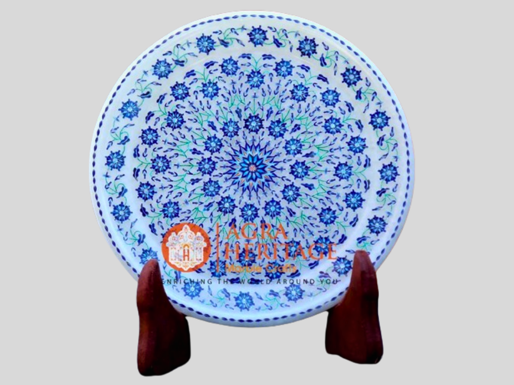 Lapis Lazuli Malachite Inlay Floral Design Marble Plate